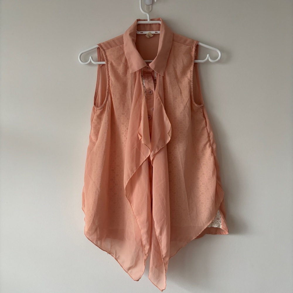 2/$20 Peach Sleeveless Draped Button-Down Blouse w/Collar white-lace Flowy S